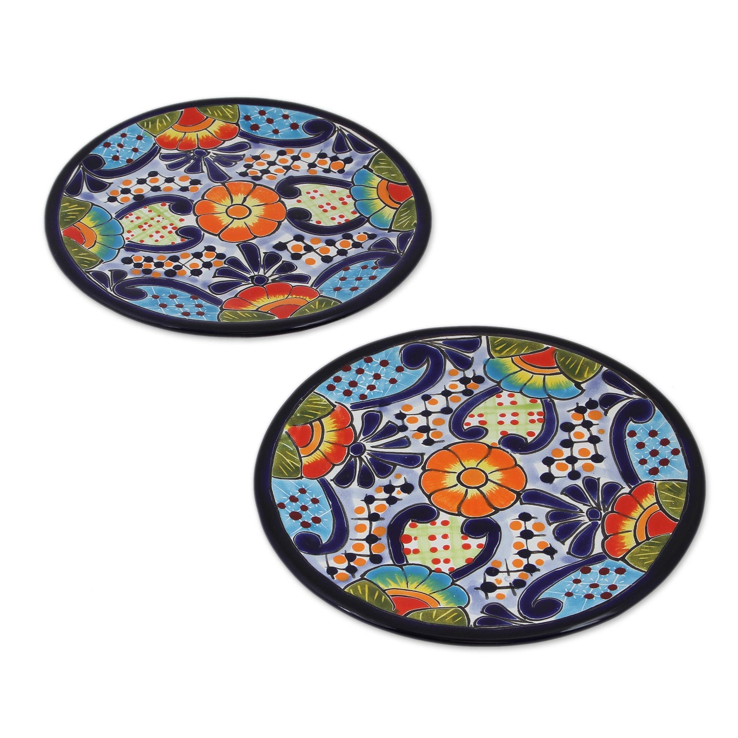 Raining Flowers Talavera Ceramic Dessert Plates from Mexico (Pair)