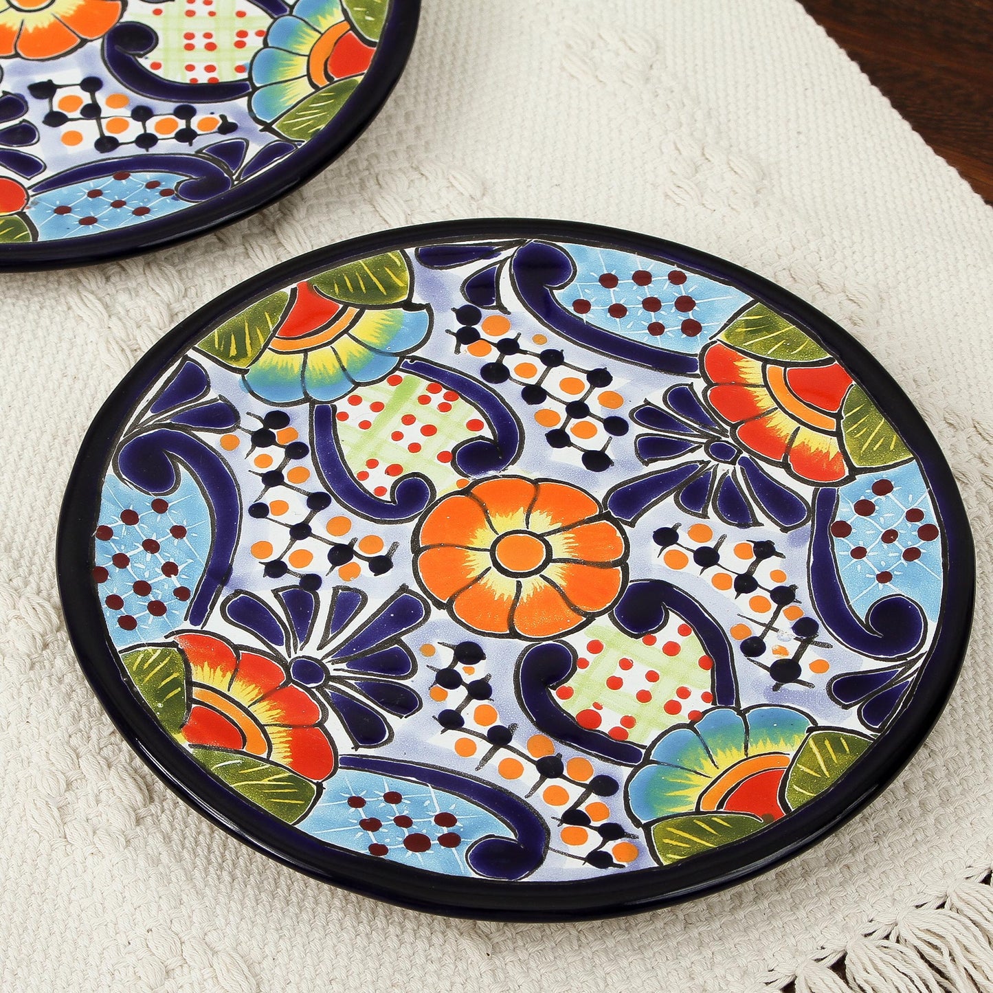 Raining Flowers Talavera Ceramic Dessert Plates from Mexico (Pair)