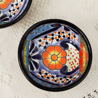 Raining Flowers Talavera Ceramic Condiment Bowls from Mexico (Pair)