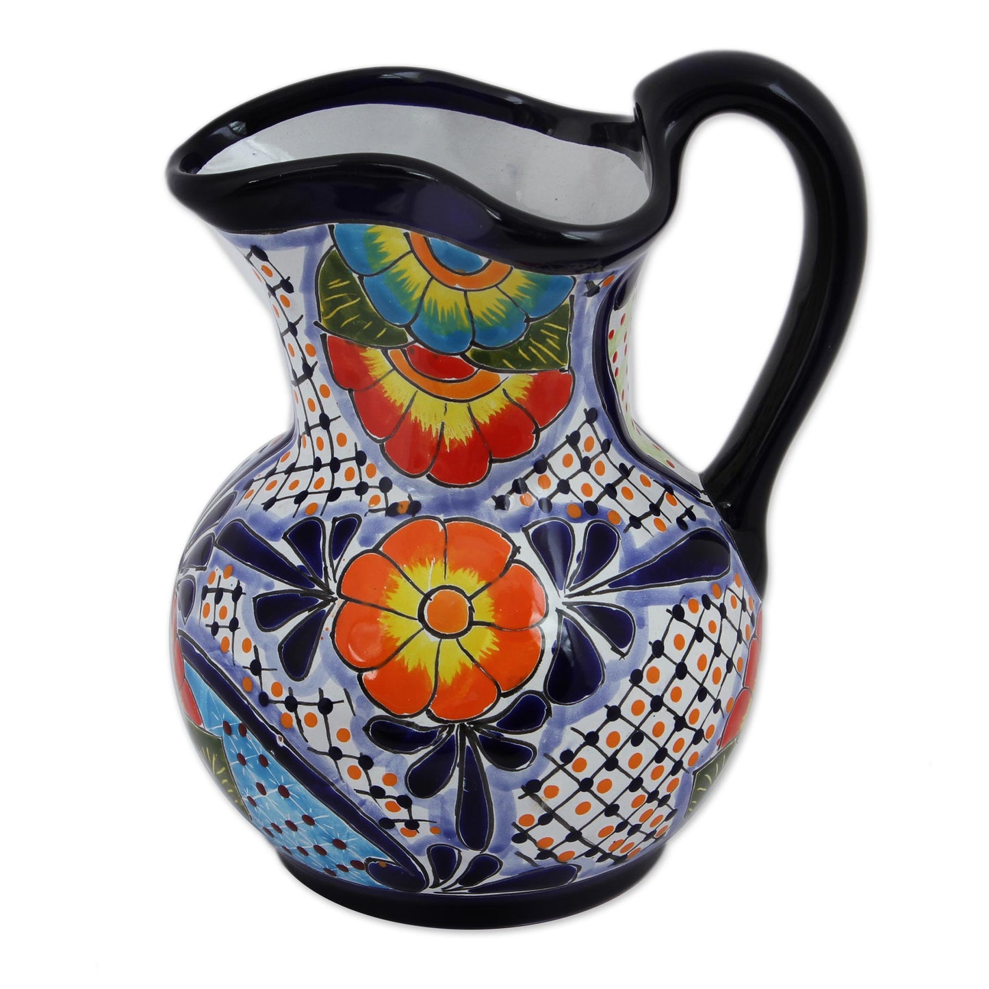 Raining Flowers Hand-Painted Talavera Style Ceramic Pitcher from Mexico