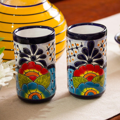 Raining Flowers Hand-Painted Floral Ceramic Tumblers from Mexico (Pair)