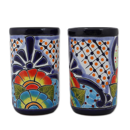 Raining Flowers Hand-Painted Floral Ceramic Tumblers from Mexico (Pair)