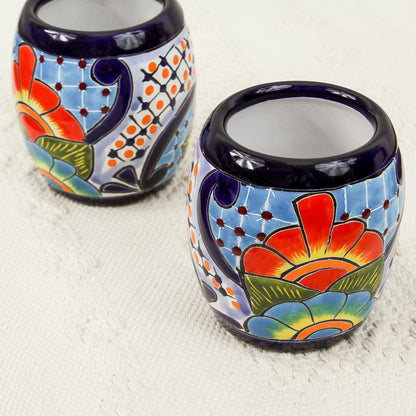 Raining Flowers Handmade Talavera Ceramic Juice Glasses from Mexico (Pair)