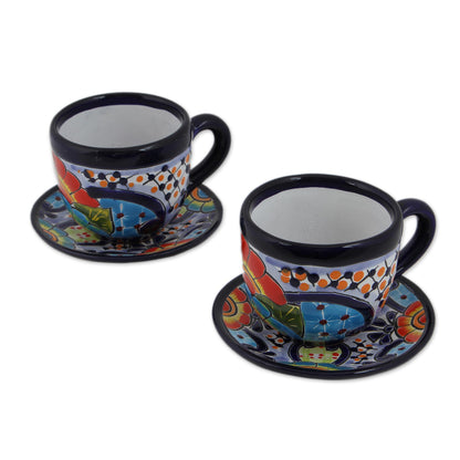 Raining Flowers Talavera Style Ceramic Cups and Saucers from Mexico (Pair)