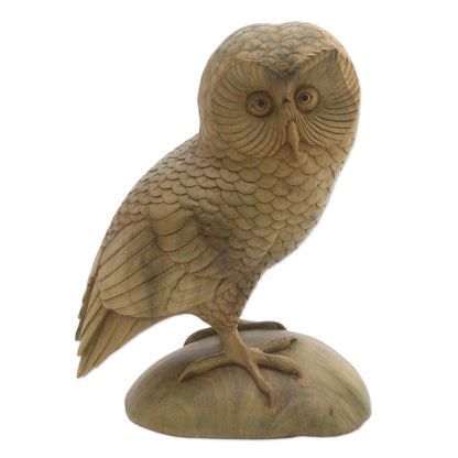 Intelligent Owl Hand-Carved Hibiscus Wood Owl Sculpture from Bali