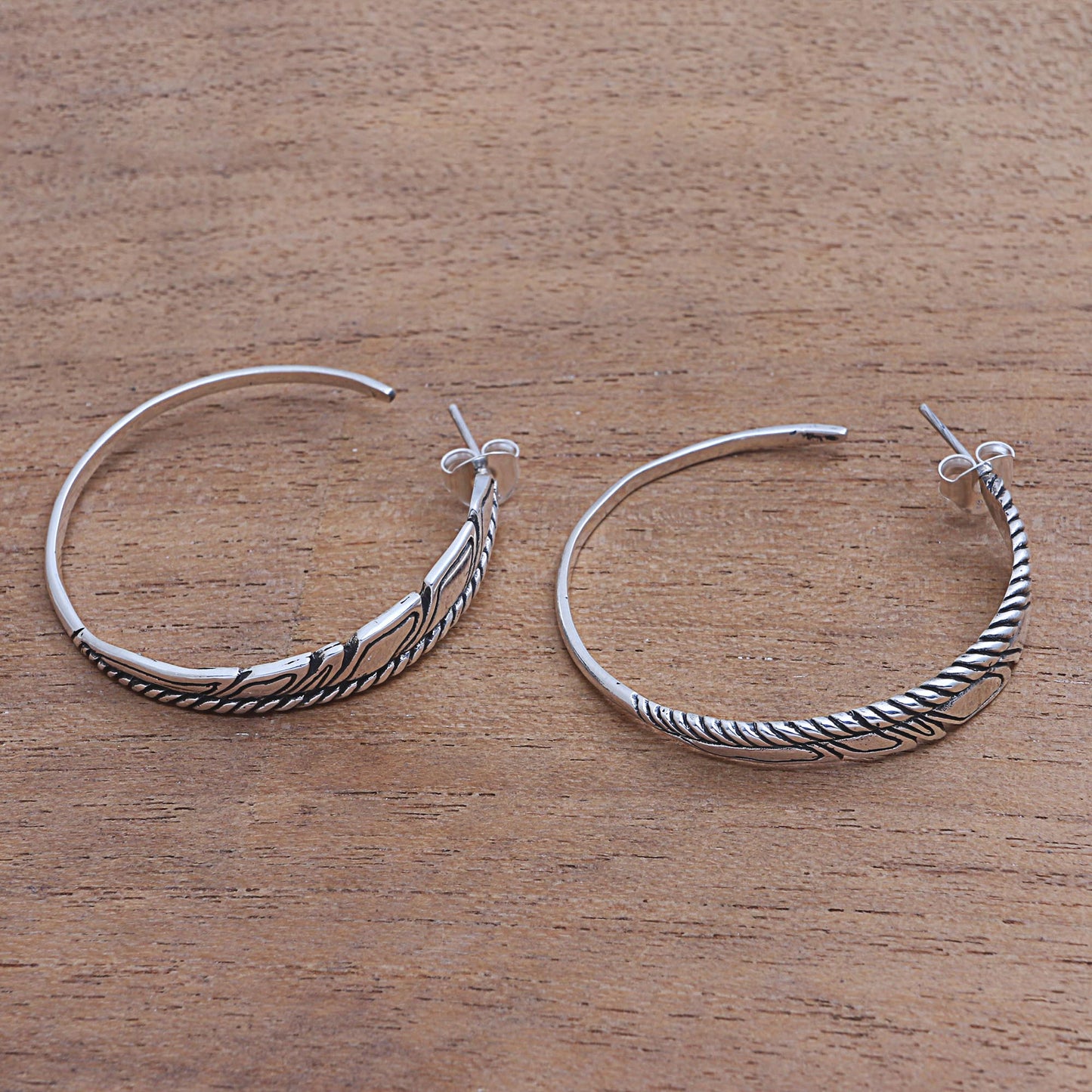 Lovely Textures Patterned Sterling Silver Half-Hoop Earrings from Bali