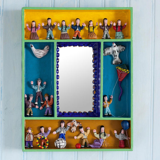 Children at Play Hand-Painted Wood Retablo Wall Mirror Crafted in Peru