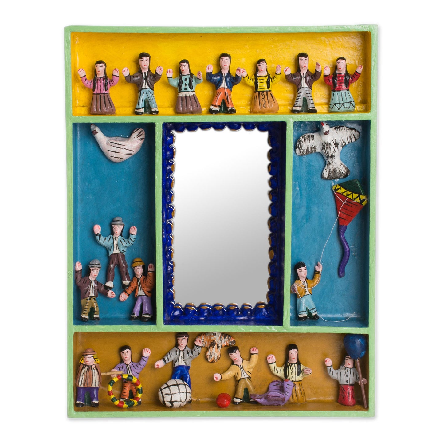 Children at Play Hand-Painted Wood Retablo Wall Mirror Crafted in Peru