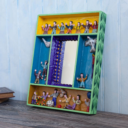 Children at Play Hand-Painted Wood Retablo Wall Mirror Crafted in Peru