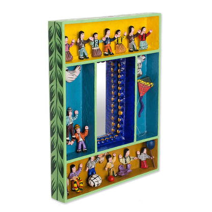 Children at Play Hand-Painted Wood Retablo Wall Mirror Crafted in Peru