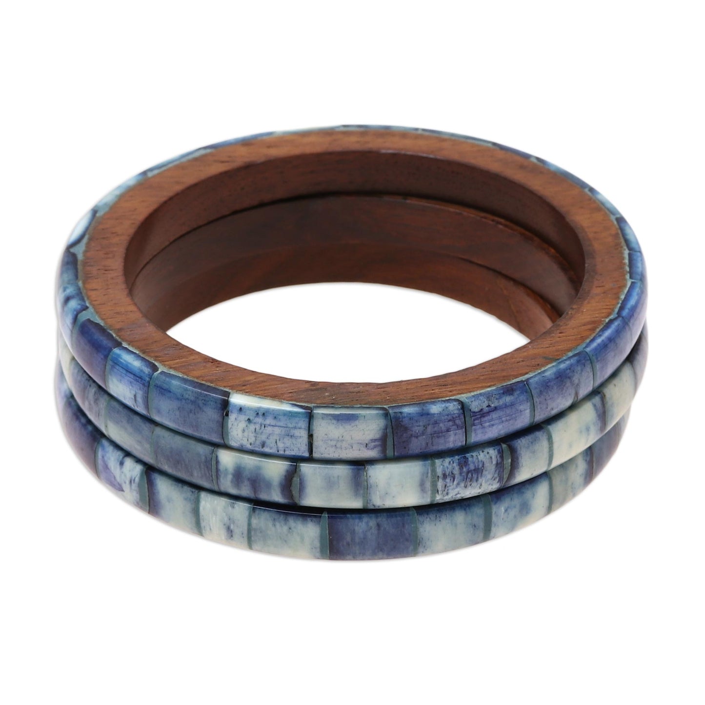 Blue Saga Blue Bone and Mango Wood Bangle Bracelets (Set of 3)