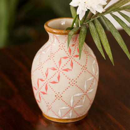 Windmill Terrace White and Paprika Red Trellis Motif Ceramic Flower Vase