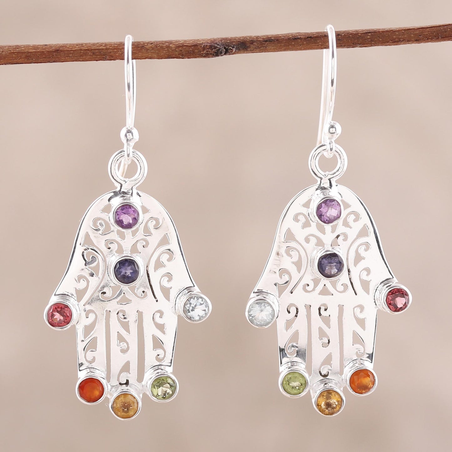 Hamsa Chakra Multi-Gemstone Hamsa Chakra Dangle Earrings from India