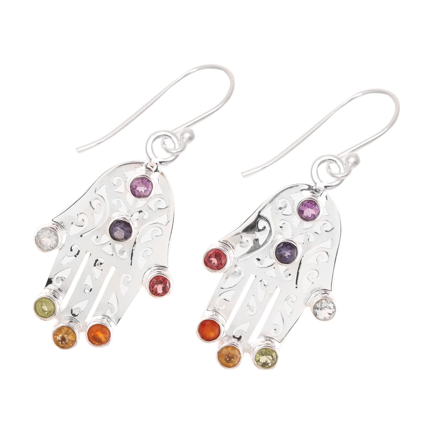 Hamsa Chakra Multi-Gemstone Hamsa Chakra Dangle Earrings from India