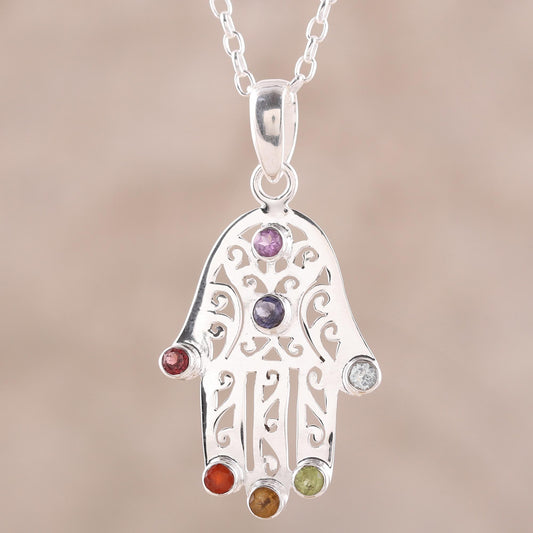 Hamsa Chakra Multi-Gemstone Hamsa Chakra Pendant Necklace from India