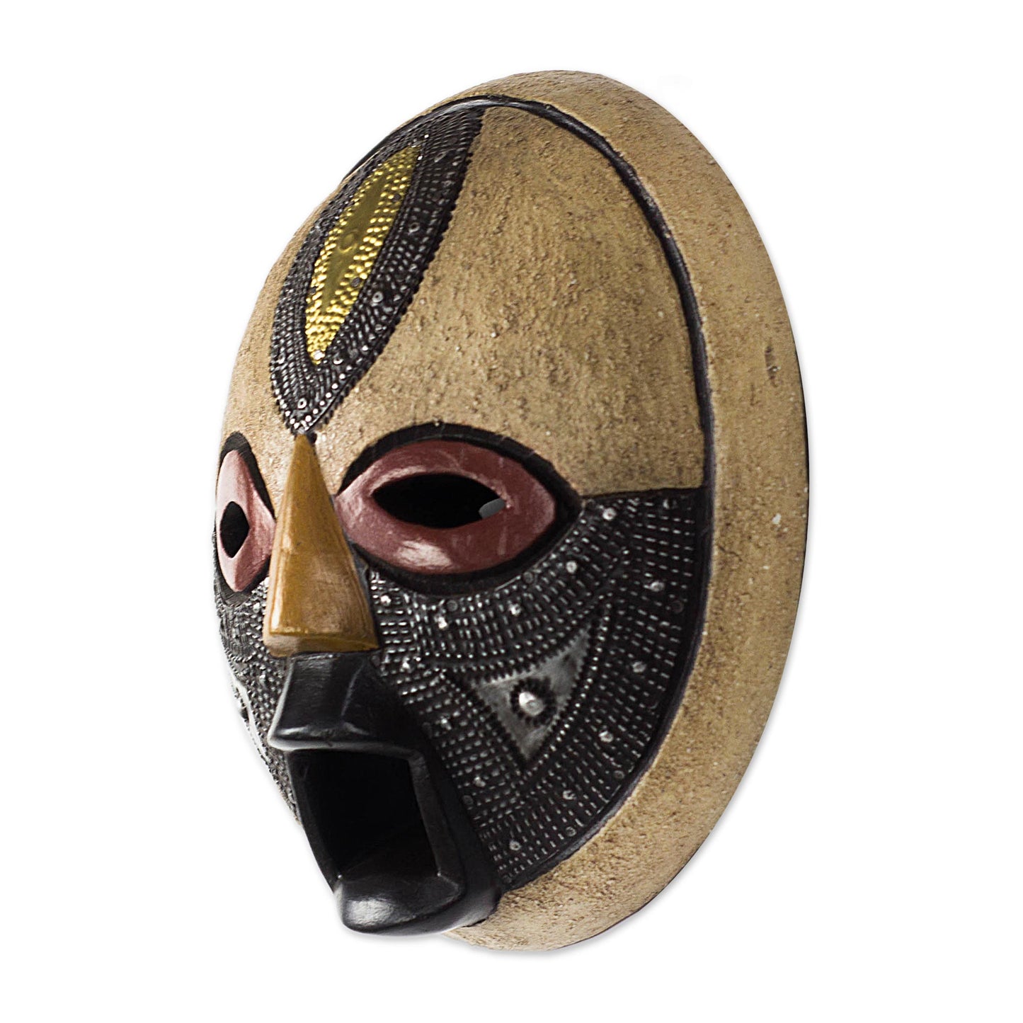 Third Eye Round African Wood Mask with Brass and Aluminum Accents