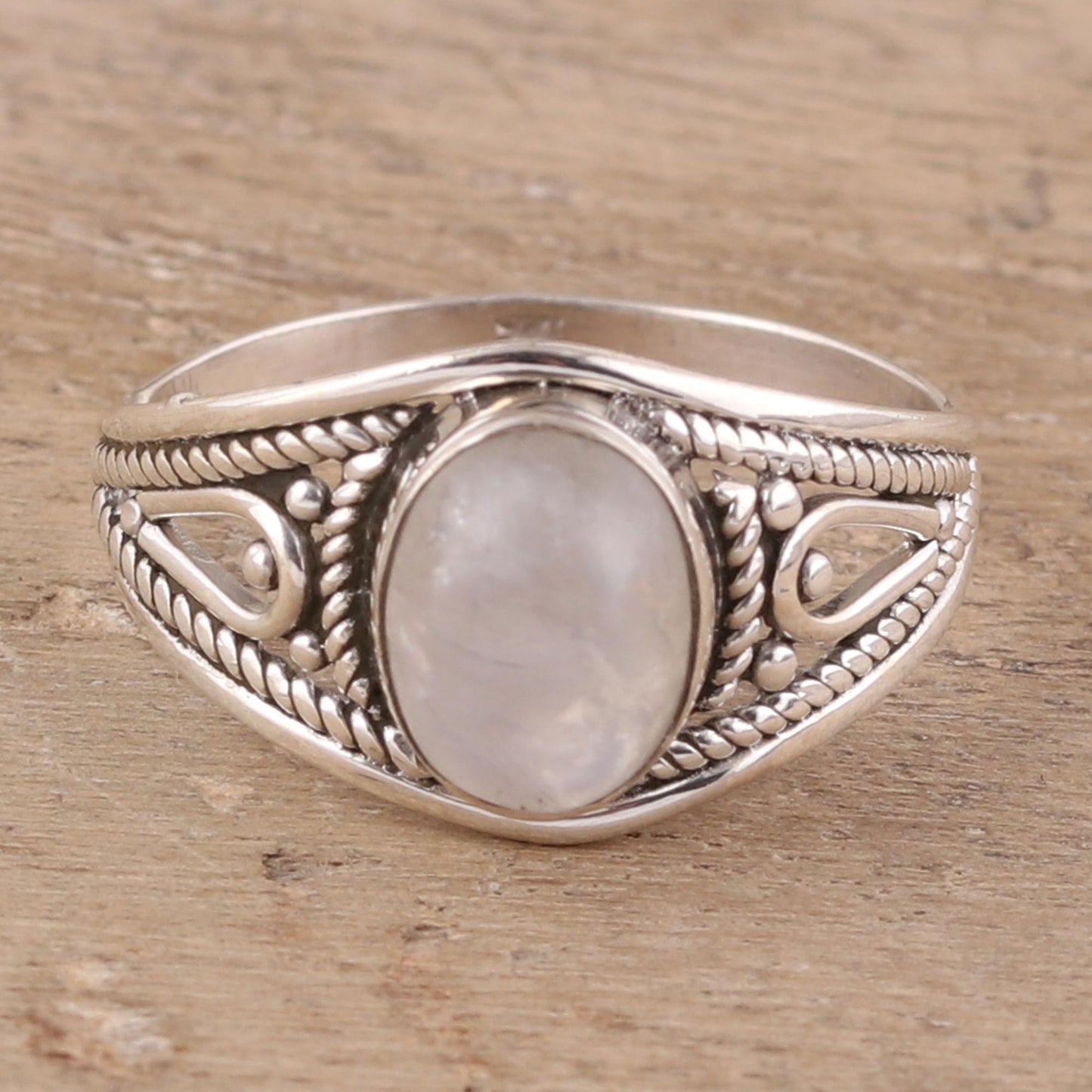 Gleaming Appeal Oval Rainbow Moonstone Cocktail Ring from India