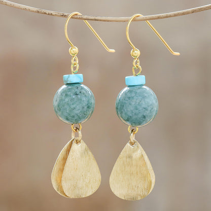 Golden Ancient Jade Dangle Earrings Crafted in Thailand