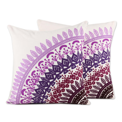 Divine Orchard in Purple Embroidered Cotton Cushion Covers in Purple (Pair)