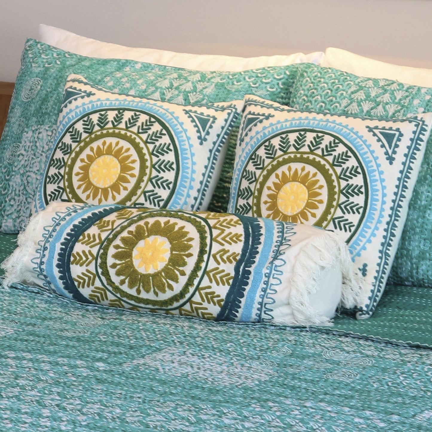 Mandala Glory Mandala Motif Embroidered Cotton Cushion Covers (Pair)