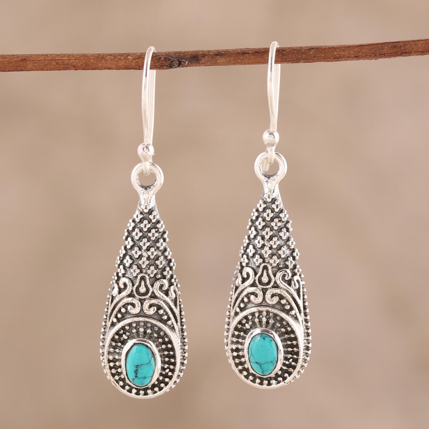 Regal Drops Sterling Silver and Composite Turquoise Dangle Earrings