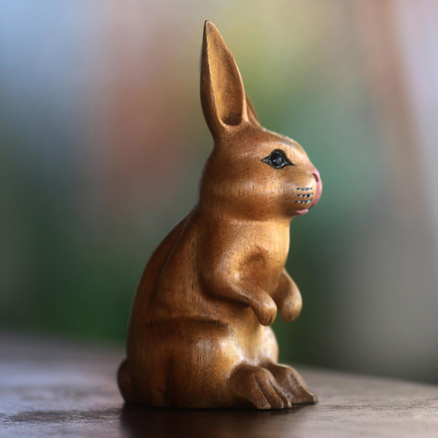 Cute Bunny in Brown Signed Wood Bunny Sculpture in Brown from Bali