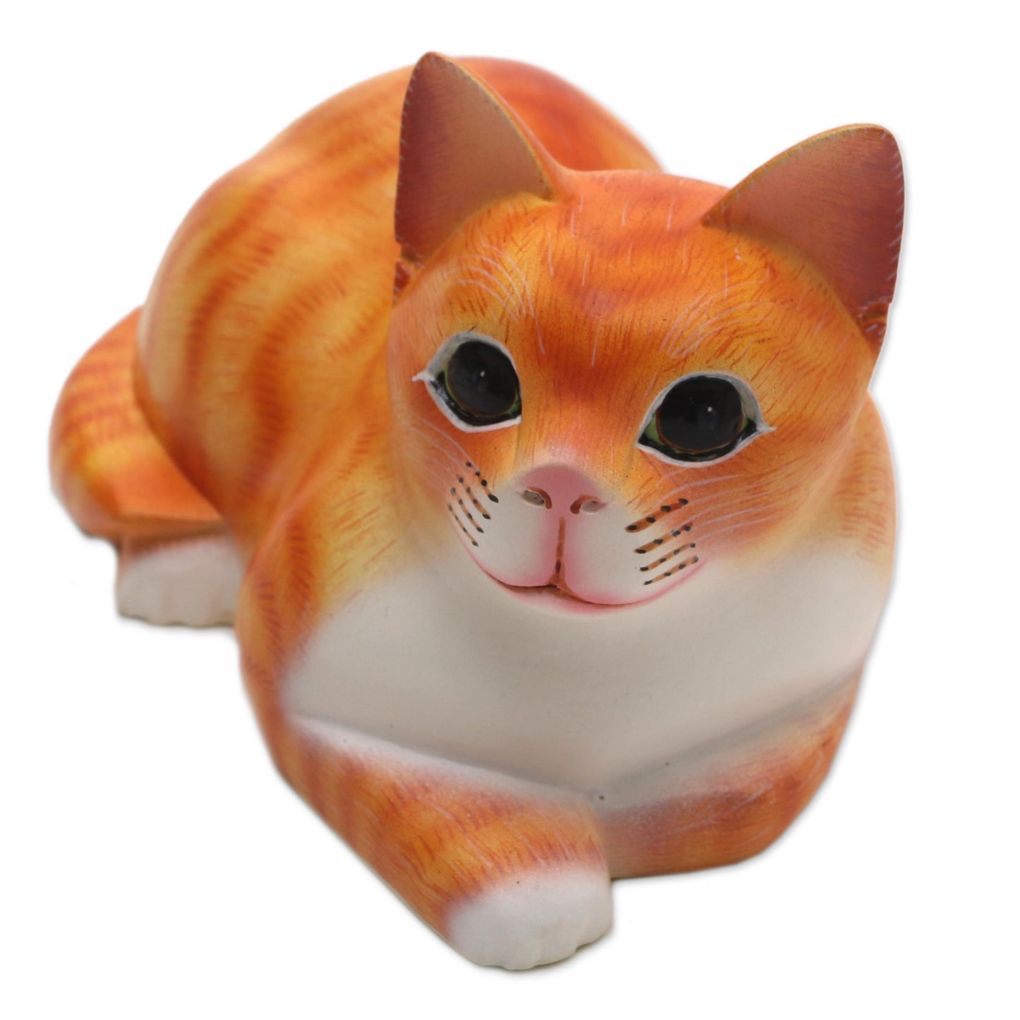 Lying Cat in Orange Signed Wood Sculpture of a Lying Cat in Orange from Bali