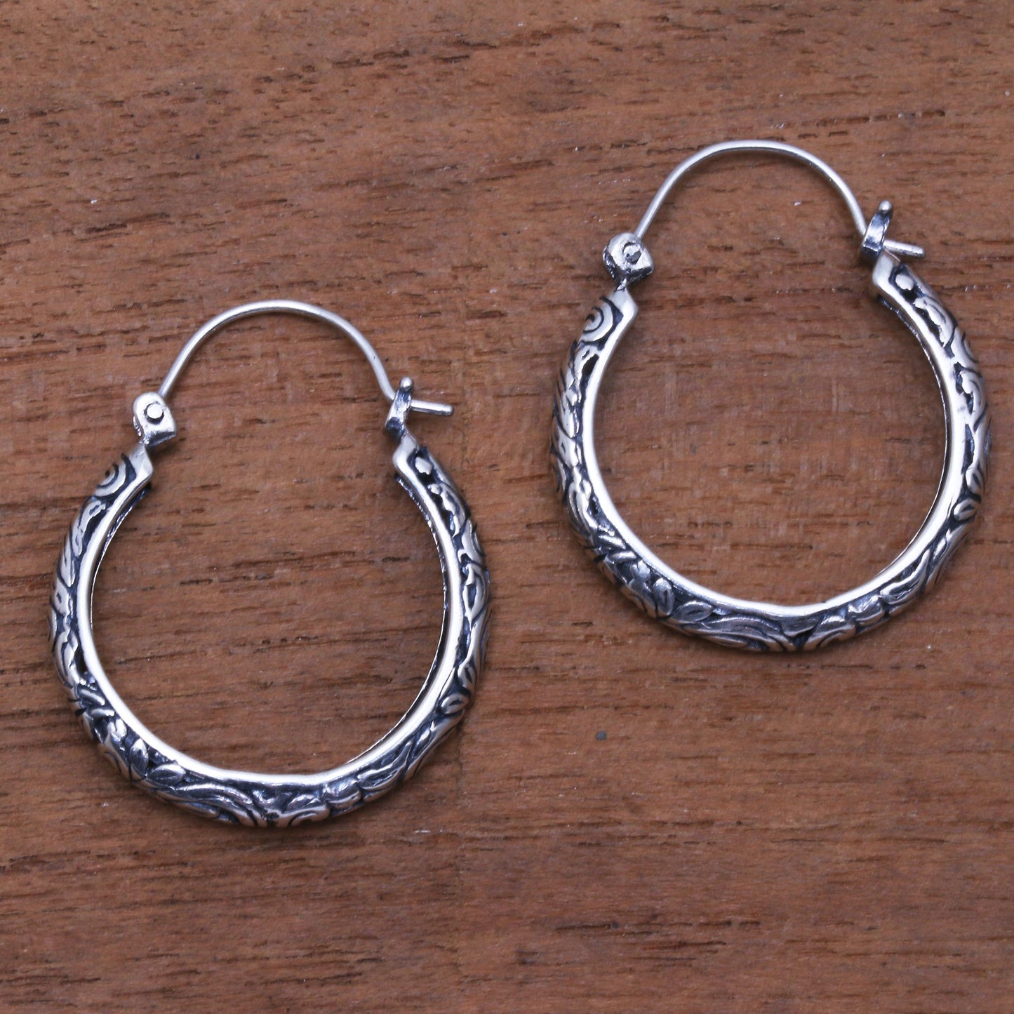 Loop Tradition Patterned Sterling Silver Hoop Earrings from Bali