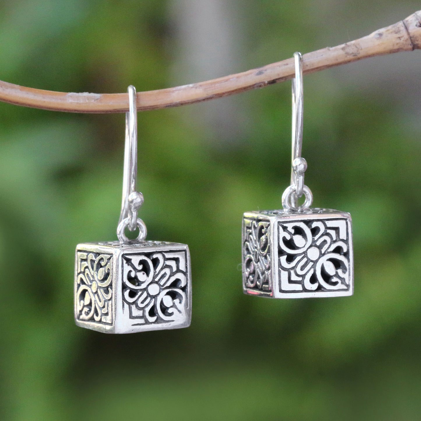 Elegant Dice Sterling Silver Cube Dangle Earrings from Bali