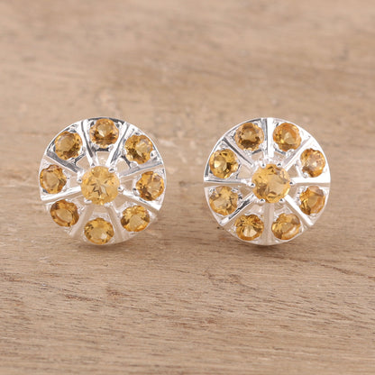 Glittering Shields Citrine Button Earrings Crafted in India