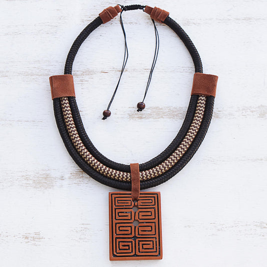 Rectangular Labyrinth Rectangular Ceramic Pendant Necklace from Brazil