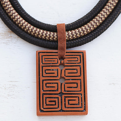 Rectangular Labyrinth Rectangular Ceramic Pendant Necklace from Brazil