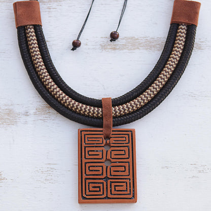 Rectangular Labyrinth Rectangular Ceramic Pendant Necklace from Brazil