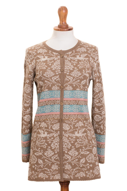 Romantic Nature in Tan Nature-Themed 100% Baby Alpaca Cardigan in Tan from Peru