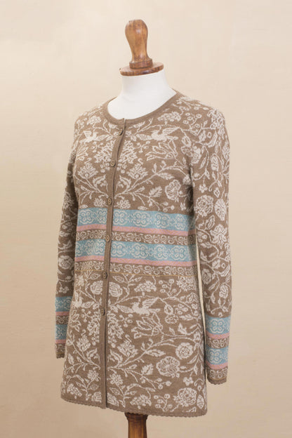 Romantic Nature in Tan Nature-Themed 100% Baby Alpaca Cardigan in Tan from Peru