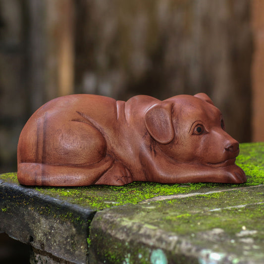 Good Boy Hand-Carved Suar Wood Dog Sculpture from Bali