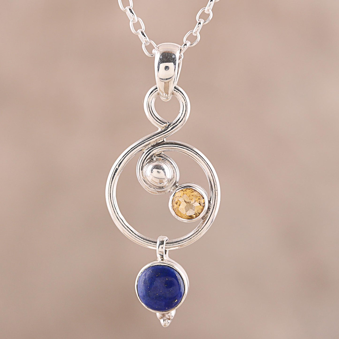 Swirling Royal Lapis Lazuli and Citrine Necklace Crafted in India