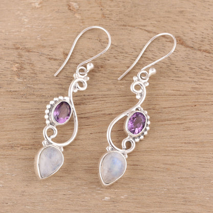 Mystical Swirl Swirl Motif Rainbow Moonstone and Amethyst Dangle Earrings