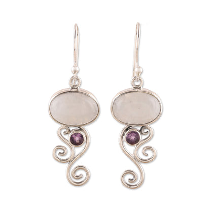 Oval Tendrils Rainbow Moonstone and Amethyst Earrings from India