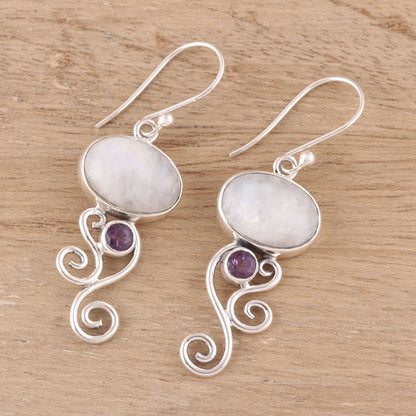Oval Tendrils Rainbow Moonstone and Amethyst Earrings from India
