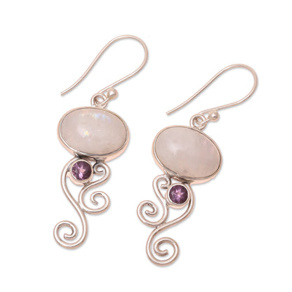 Oval Tendrils Rainbow Moonstone and Amethyst Earrings from India