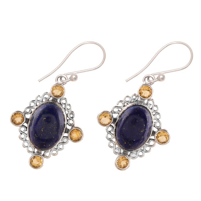 Royal Frame Lapis Lazuli and Citrine Dangle Earrings from India