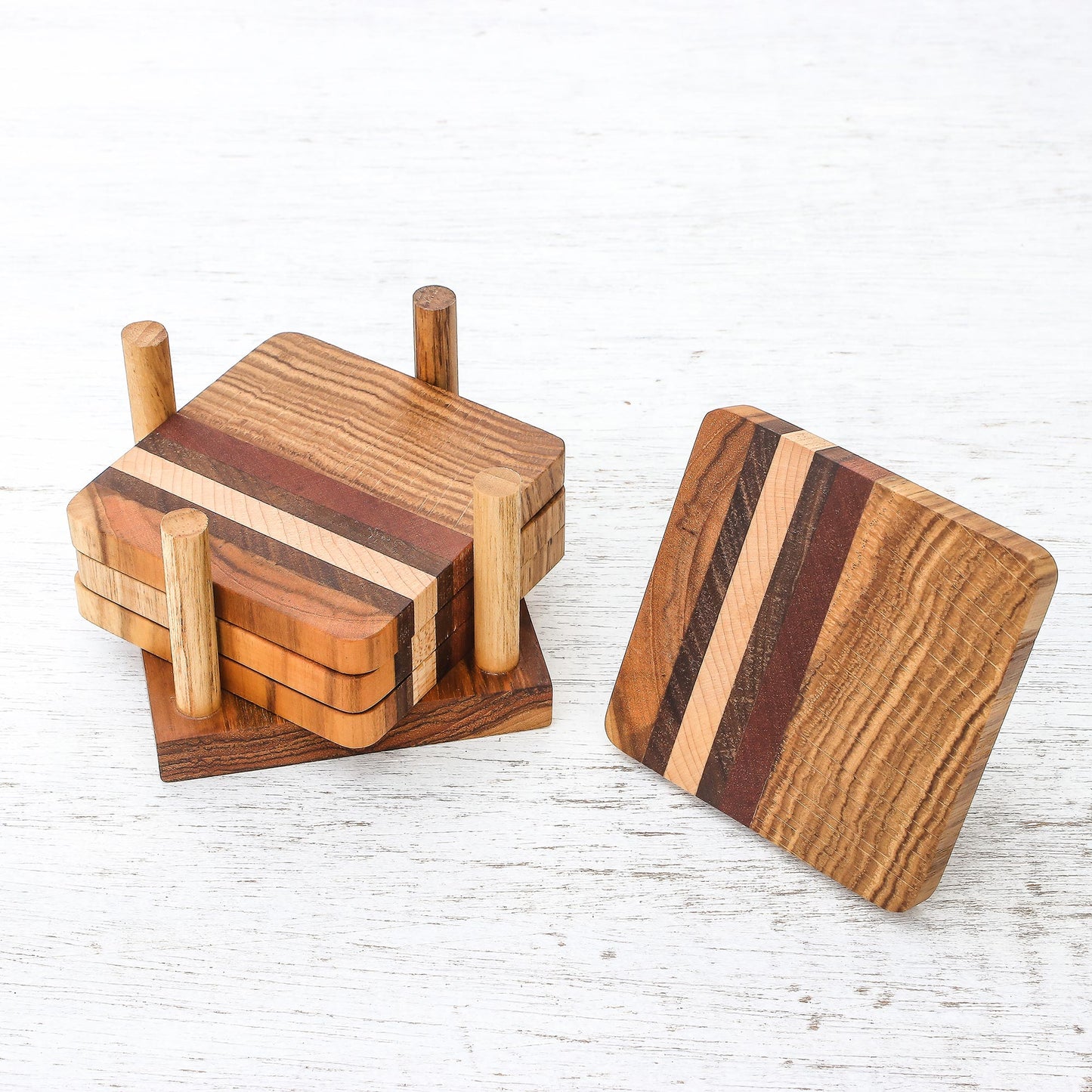 Striped Nature Striped Wood Coasters from Thailand (Set of 4)