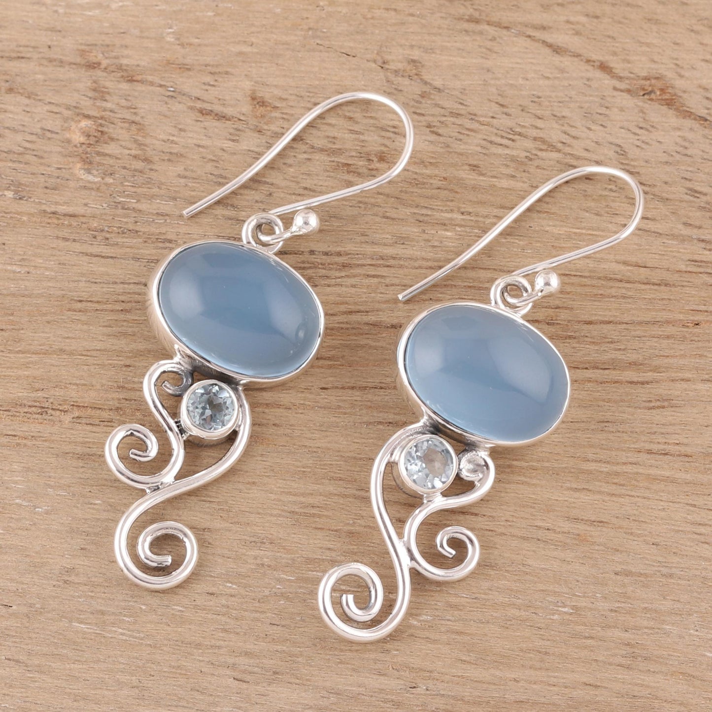 Oval Tendrils Chalcedony and Blue Topaz Dangle Earrings from India