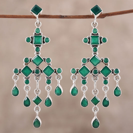 Gemstone Fountain Green Onyx Chandelier Earrings from India