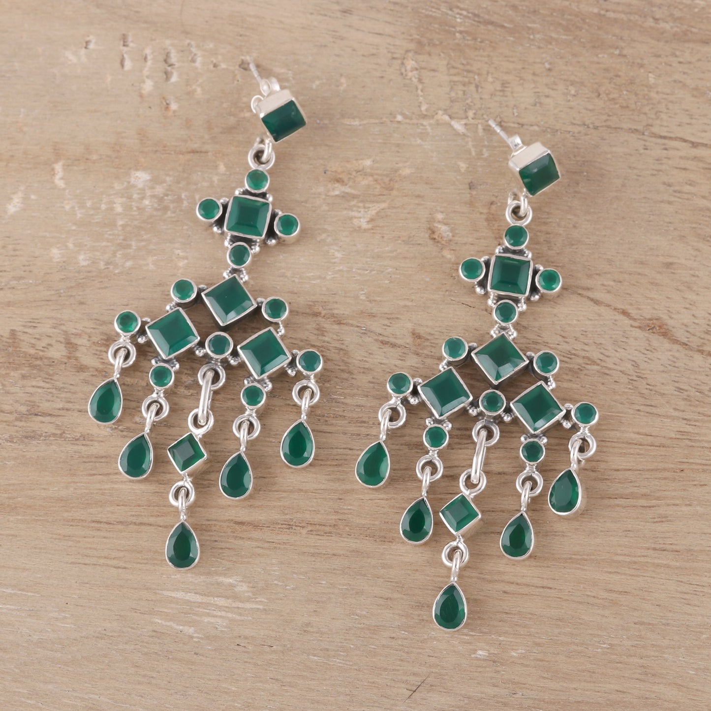 Gemstone Fountain Green Onyx Chandelier Earrings from India