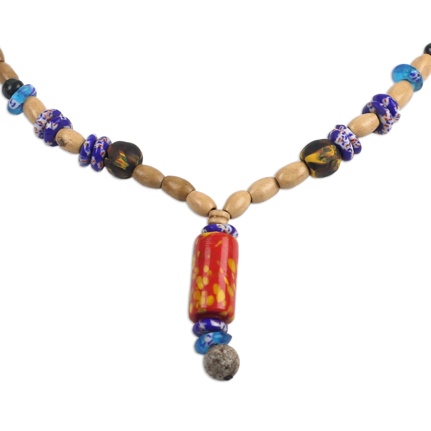 Realm of Beauty Wood and Colorful Recycled Glass Beaded Y-Necklace