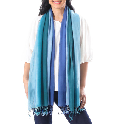 Delightful Breeze in Blue Cotton Wrap Scarves in Blue from Thailand (Pair)