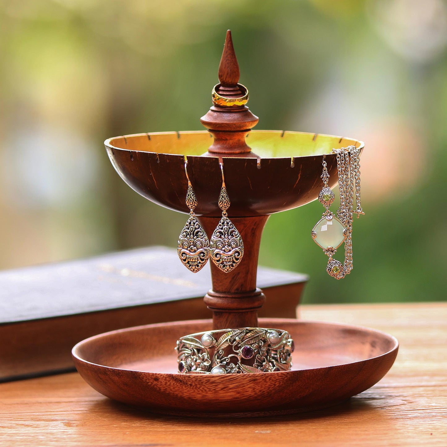 Golden Fountain Suar Wood and Coconut Shell Jewelry Stand from Bali