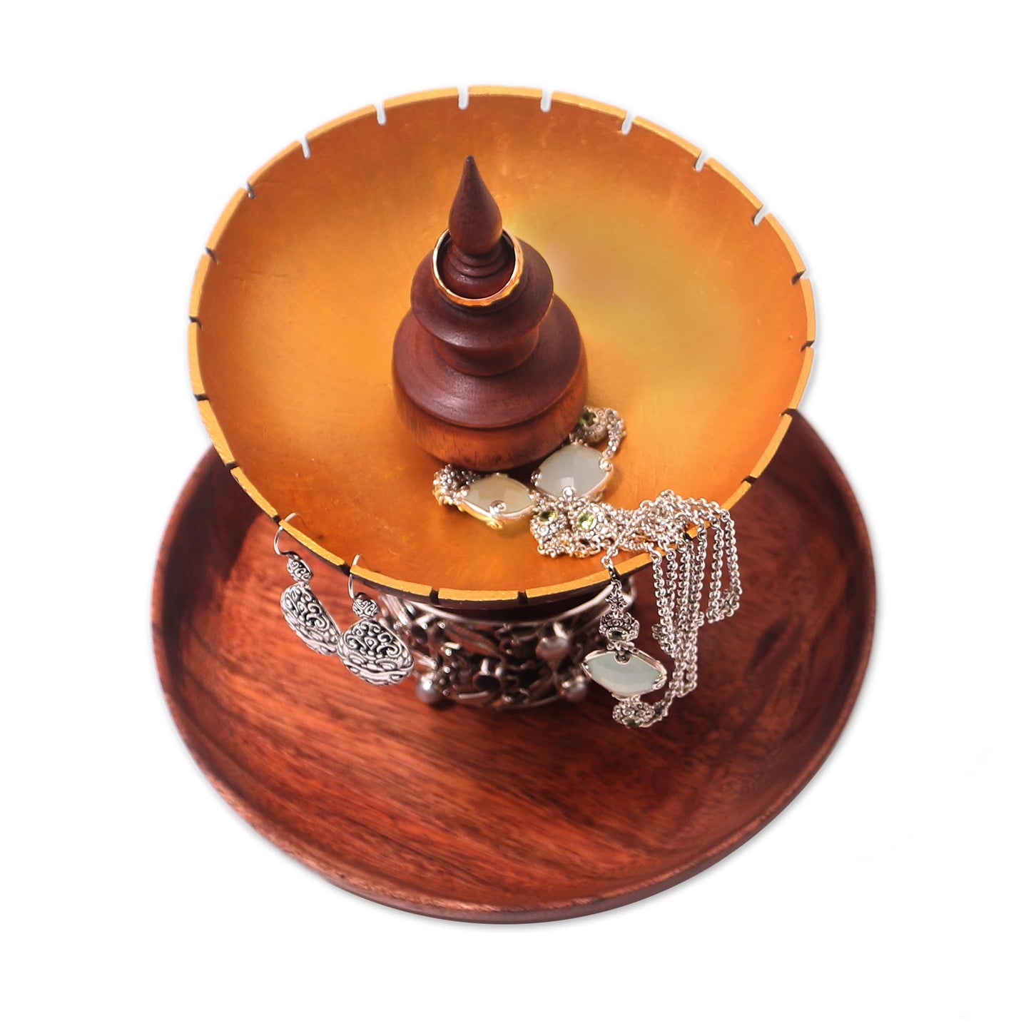 Golden Fountain Suar Wood and Coconut Shell Jewelry Stand from Bali